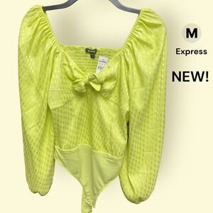 Express Lime Green Houndstooth Jacquard Tie Front Puff Sleeve Bodysuit Medium